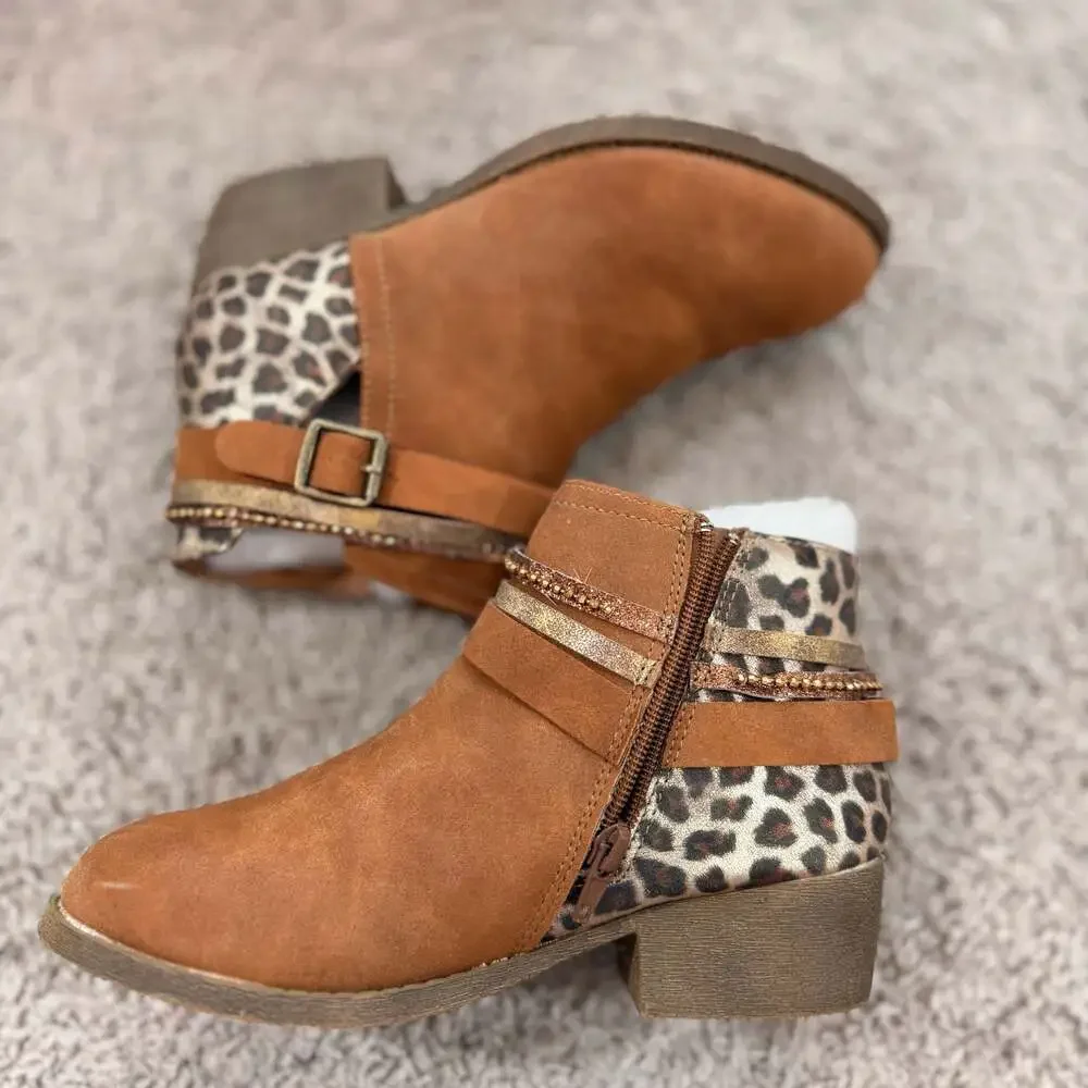 Biddy Girls Tan Leopard‎ Western Ankle Boots Size 4M Boutique Booties EUC